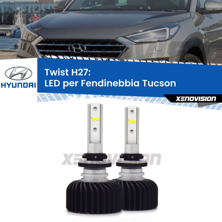 <strong>Kit fendinebbia LED</strong> H27 per <strong>Hyundai Tucson</strong> JM 2004 - 2013. Compatte, impermeabili, senza ventola: praticamente indistruttibili. Top Quality.