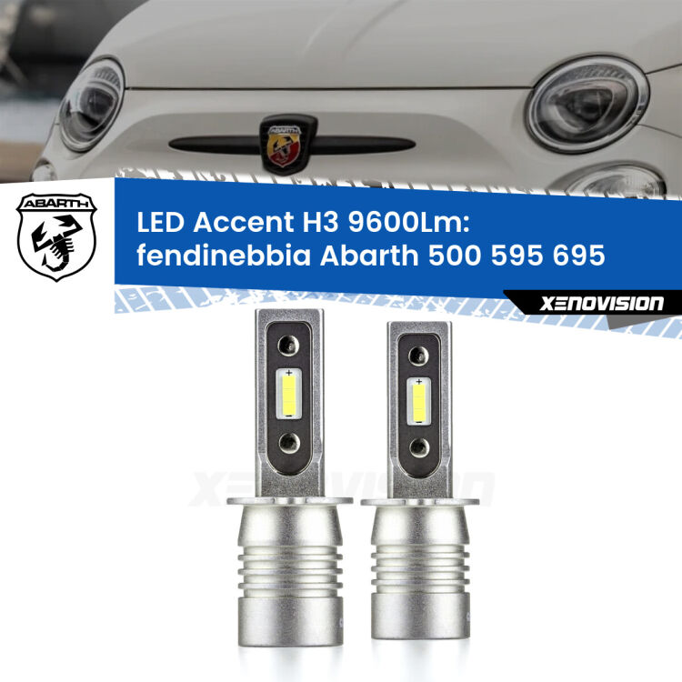 0 Fendinebbia LED H3 9600Lm per Abarth 500 595 695 2008 - 2022 <strong>Kit LED Fendinebbia per Abarth 500 595 695</strong> 2008 - 2022.</strong> Coppia lampade <strong>H3</strong> senza ventola e ultracompatte per installazioni in fari senza spazi.
