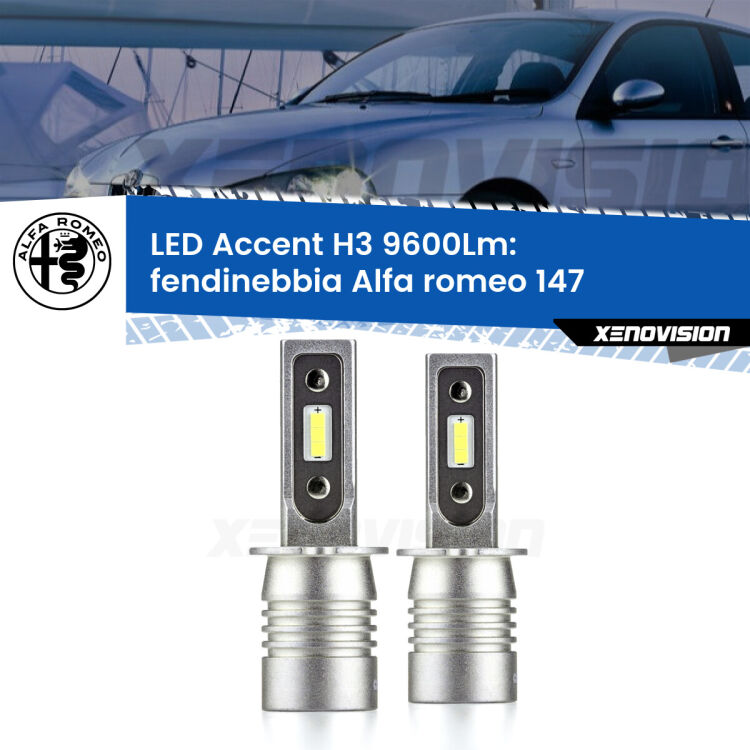 Fendinebbia LED H3 9600Lm per Alfa romeo 147  2005 - 2010 <strong>Kit LED Fendinebbia per Alfa romeo 147</strong>  2005 - 2010.</strong> Coppia lampade <strong>H3</strong> senza ventola e ultracompatte per installazioni in fari senza spazi.