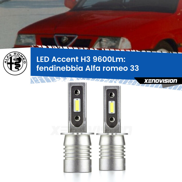 Fendinebbia LED H3 9600Lm per Alfa romeo 33  1990 - 1994 <strong>Kit LED Fendinebbia per Alfa romeo 33</strong>  1990 - 1994.</strong> Coppia lampade <strong>H3</strong> senza ventola e ultracompatte per installazioni in fari senza spazi.