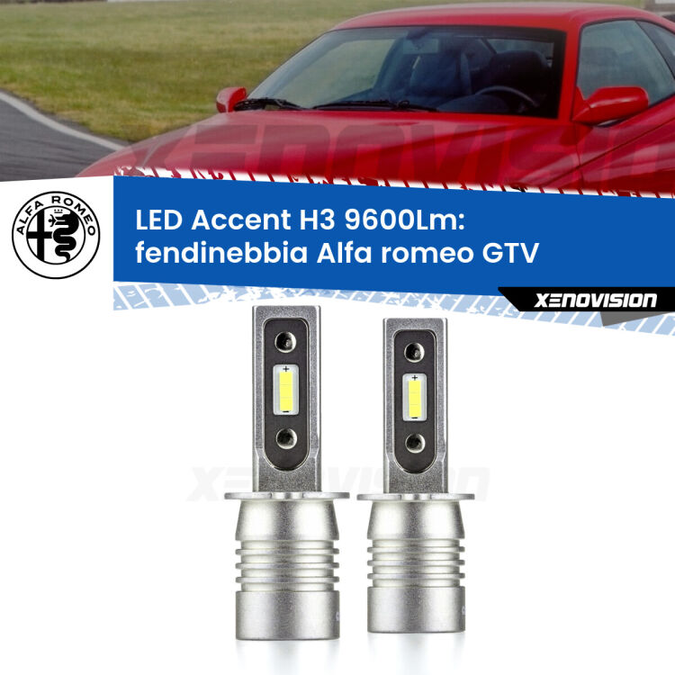 0 Fendinebbia LED H3 9600Lm per Alfa romeo GTV 1995 - 2005 <strong>Kit LED Fendinebbia per Alfa romeo GTV</strong> 1995 - 2005.</strong> Coppia lampade <strong>H3</strong> senza ventola e ultracompatte per installazioni in fari senza spazi.