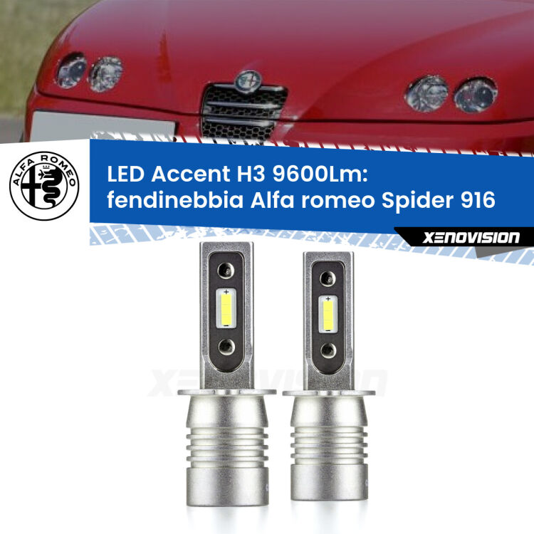 Fendinebbia LED H3 9600Lm per Alfa romeo Spider 916 1995 - 2005 <strong>Kit LED Fendinebbia per Alfa romeo Spider</strong> 916 1995 - 2005.</strong> Coppia lampade <strong>H3</strong> senza ventola e ultracompatte per installazioni in fari senza spazi.