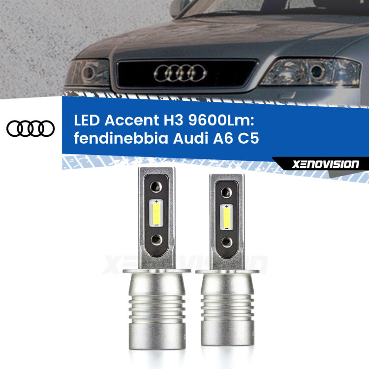 0 Fendinebbia LED H3 9600Lm per Audi A6 C5 1997 - 2001 <strong>Kit LED Fendinebbia per Audi A6</strong> C5 1997 - 2001.</strong> Coppia lampade <strong>H3</strong> senza ventola e ultracompatte per installazioni in fari senza spazi.