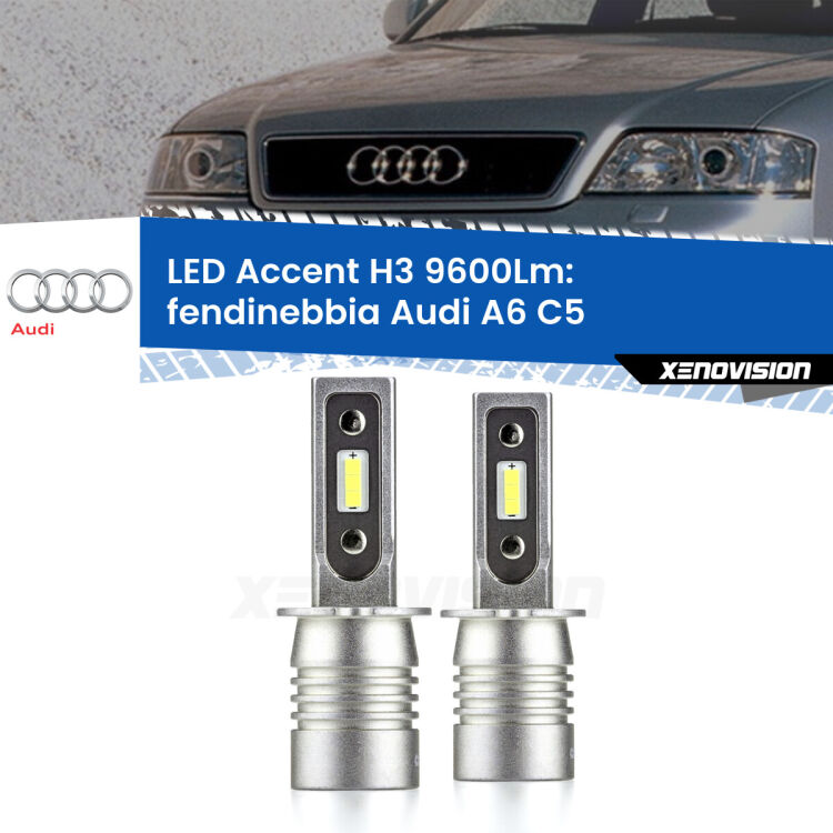<strong>Kit LED Fendinebbia per Audi A6</strong> C5 1997 - 2001.</strong> Coppia lampade <strong>H3</strong> senza ventola e ultracompatte per installazioni in fari senza spazi.