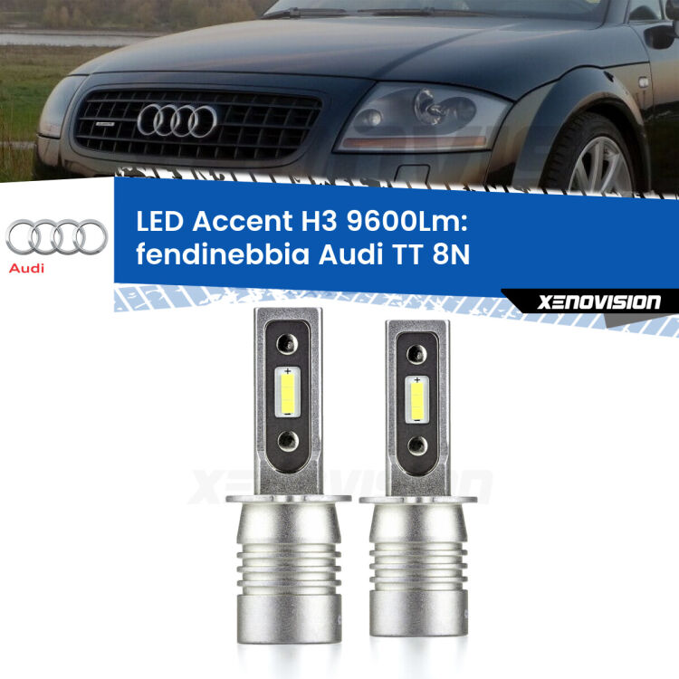 <strong>Kit LED Fendinebbia per Audi TT</strong> 8N 1998 - 2006.</strong> Coppia lampade <strong>H3</strong> senza ventola e ultracompatte per installazioni in fari senza spazi.