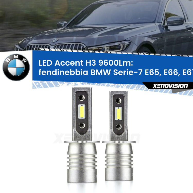 <strong>Kit LED Fendinebbia per BMW Serie-7</strong> E65, E66, E67 2001 - 2005.</strong> Coppia lampade <strong>H3</strong> senza ventola e ultracompatte per installazioni in fari senza spazi.