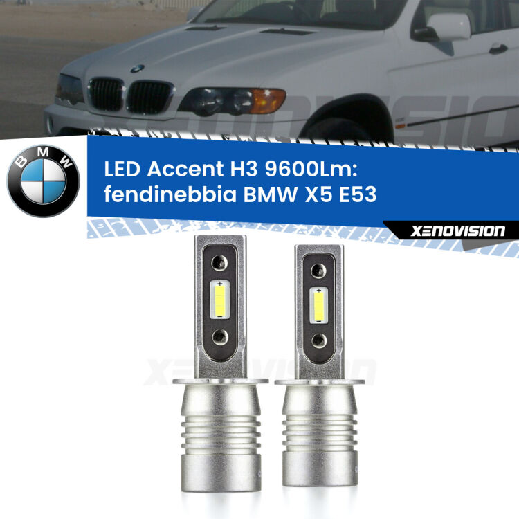 <strong>Kit LED Fendinebbia per BMW X5</strong> E53 1999 - 2002.</strong> Coppia lampade <strong>H3</strong> senza ventola e ultracompatte per installazioni in fari senza spazi.
