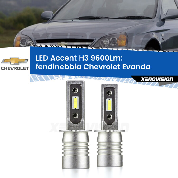 <strong>Kit LED Fendinebbia per Chevrolet Evanda</strong>  2005 - 2006.</strong> Coppia lampade <strong>H3</strong> senza ventola e ultracompatte per installazioni in fari senza spazi.