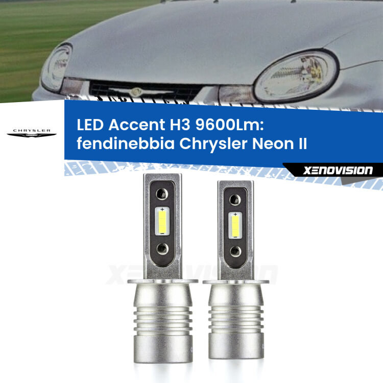 Fendinebbia LED H3 9600Lm per Chrysler Neon II  1999 - 2006 <strong>Kit LED Fendinebbia per Chrysler Neon II</strong>  1999 - 2006.</strong> Coppia lampade <strong>H3</strong> senza ventola e ultracompatte per installazioni in fari senza spazi.