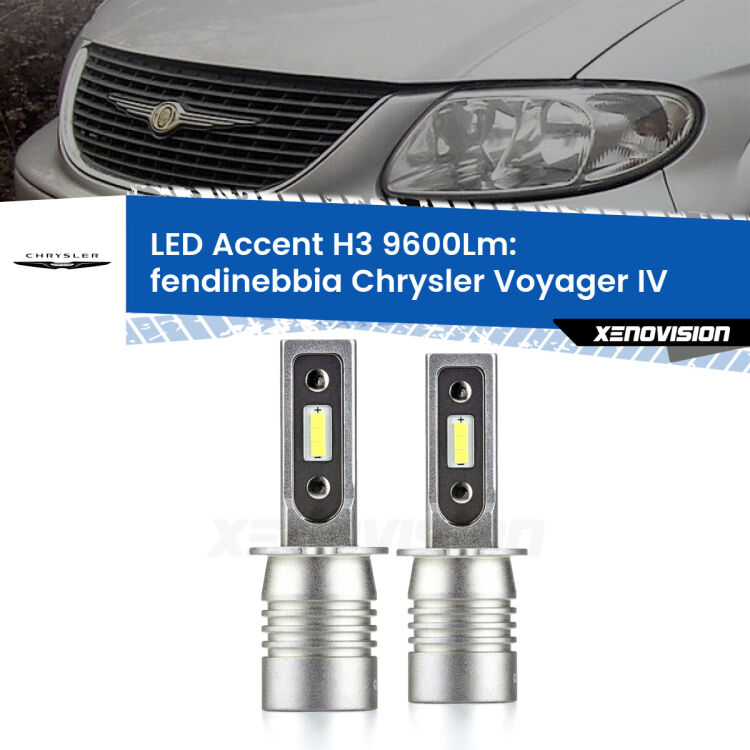 Fendinebbia LED H3 9600Lm per Chrysler Voyager IV 2000 - 2007 <strong>Kit LED Fendinebbia per Chrysler Voyager IV</strong> 2000 - 2007.</strong> Coppia lampade <strong>H3</strong> senza ventola e ultracompatte per installazioni in fari senza spazi.