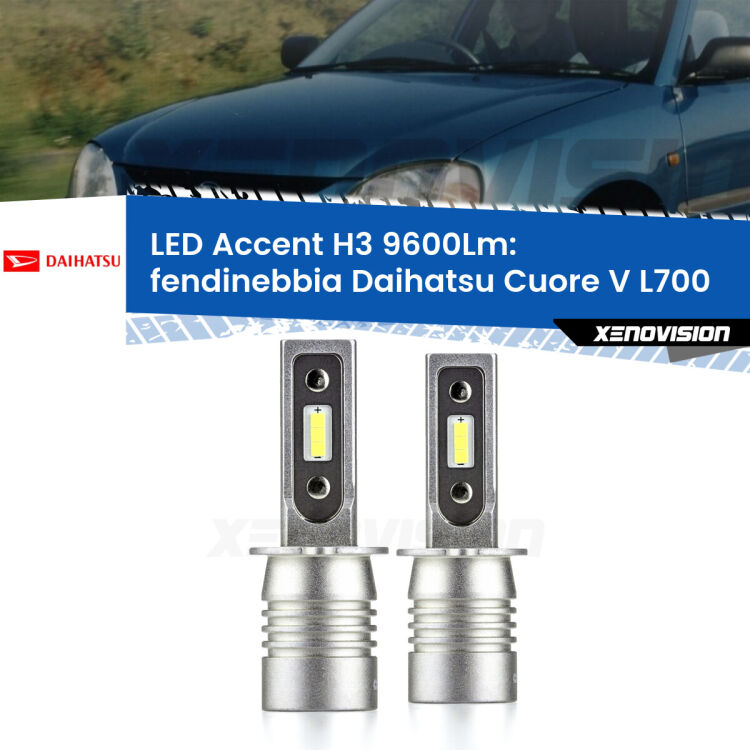 <strong>Kit LED Fendinebbia per Daihatsu Cuore V</strong> L700 1998 - 2003.</strong> Coppia lampade <strong>H3</strong> senza ventola e ultracompatte per installazioni in fari senza spazi.