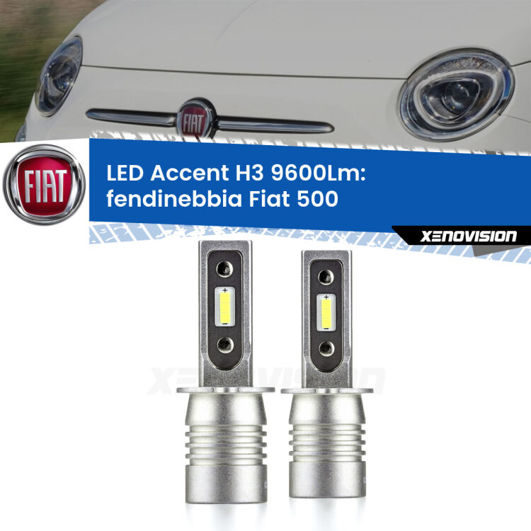 <strong>Kit LED Fendinebbia per Fiat 500</strong>  2007 - 2022.</strong> Coppia lampade <strong>H3</strong> senza ventola e ultracompatte per installazioni in fari senza spazi.