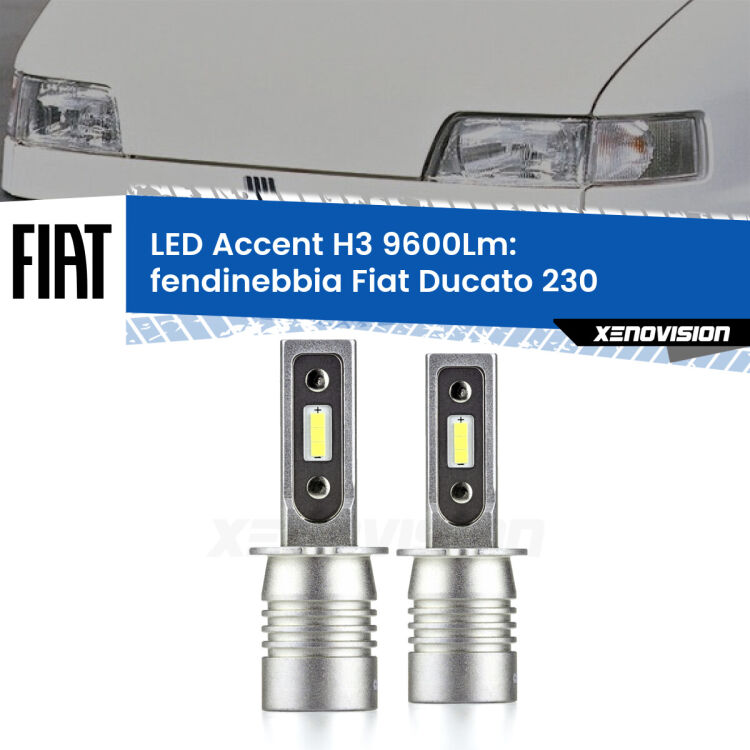 Fendinebbia LED H3 9600Lm per Fiat Ducato 230 1994 - 2002 <strong>Kit LED Fendinebbia per Fiat Ducato</strong> 230 1994 - 2002.</strong> Coppia lampade <strong>H3</strong> senza ventola e ultracompatte per installazioni in fari senza spazi.