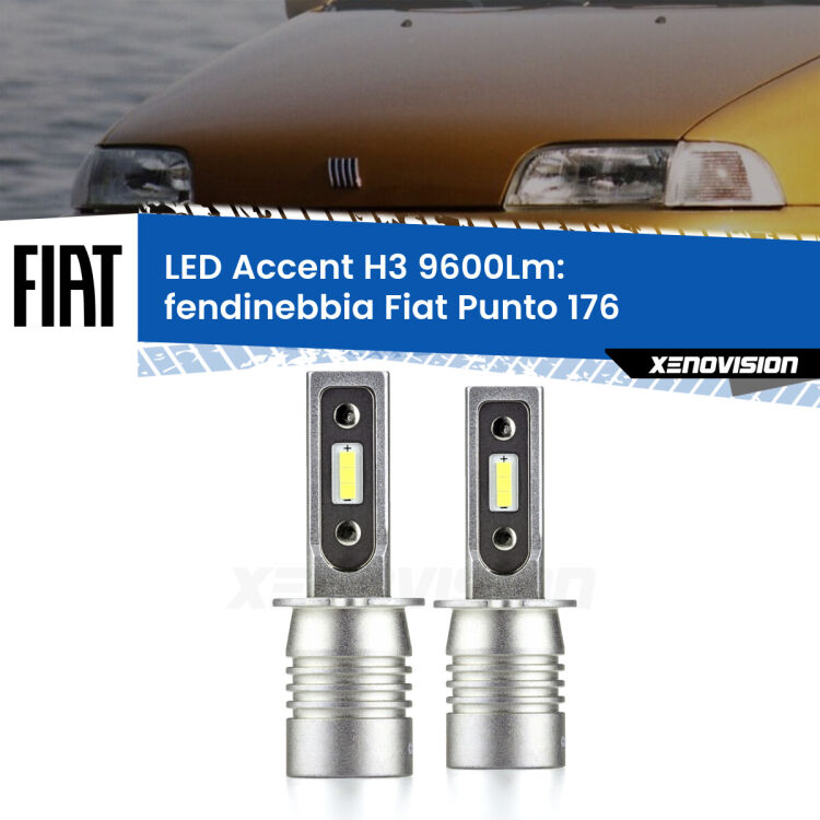 Fendinebbia LED H3 9600Lm per Fiat Punto 176 1993 - 1999 <strong>Kit LED Fendinebbia per Fiat Punto</strong> 176 1993 - 1999.</strong> Coppia lampade <strong>H3</strong> senza ventola e ultracompatte per installazioni in fari senza spazi.