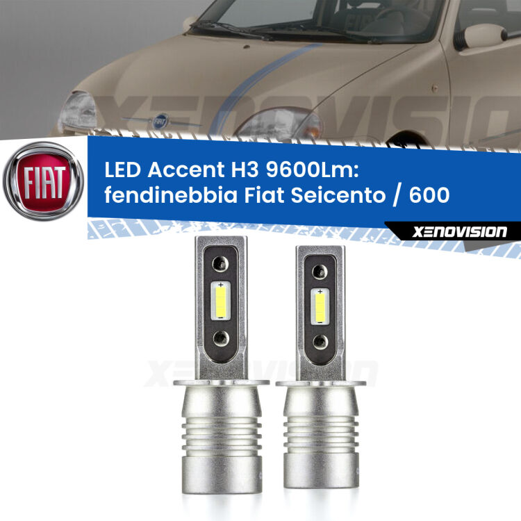 <strong>Kit LED Fendinebbia per Fiat Seicento / 600</strong>  1998 - 2010.</strong> Coppia lampade <strong>H3</strong> senza ventola e ultracompatte per installazioni in fari senza spazi.