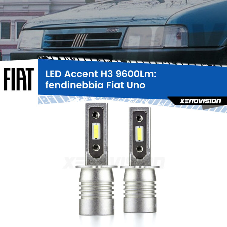 Fendinebbia LED H3 9600Lm per Fiat Uno 1983 - 1995 <strong>Kit LED Fendinebbia per Fiat Uno</strong> 1983 - 1995.</strong> Coppia lampade <strong>H3</strong> senza ventola e ultracompatte per installazioni in fari senza spazi.