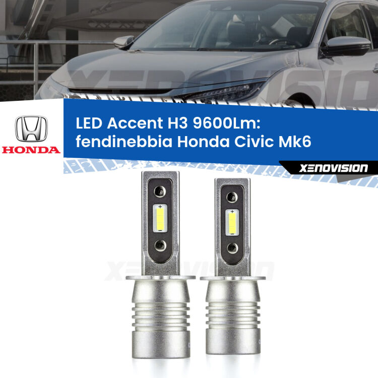 Fendinebbia LED H3 9600Lm per Honda Civic Mk6 1995 - 1999 <strong>Kit LED Fendinebbia per Honda Civic</strong> Mk6 1995 - 1999.</strong> Coppia lampade <strong>H3</strong> senza ventola e ultracompatte per installazioni in fari senza spazi.