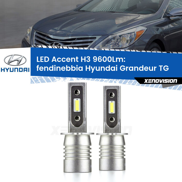 Fendinebbia LED H3 9600Lm per Hyundai Grandeur TG 2005 - 2011 <strong>Kit LED Fendinebbia per Hyundai Grandeur</strong> TG 2005 - 2011.</strong> Coppia lampade <strong>H3</strong> senza ventola e ultracompatte per installazioni in fari senza spazi.