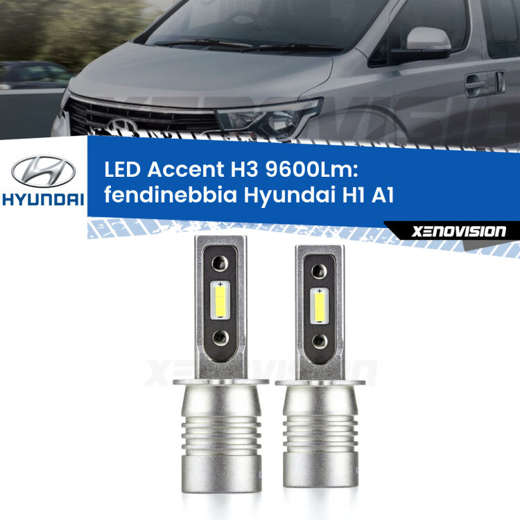 <strong>Kit LED Fendinebbia per Hyundai H1</strong> A1 1997 - 2006.</strong> Coppia lampade <strong>H3</strong> senza ventola e ultracompatte per installazioni in fari senza spazi.