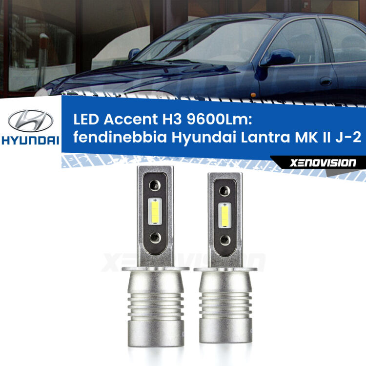 Fendinebbia LED H3 9600Lm per Hyundai Lantra MK II J-2 1995 - 2000 <strong>Kit LED Fendinebbia per Hyundai Lantra MK II</strong> J-2 1995 - 2000.</strong> Coppia lampade <strong>H3</strong> senza ventola e ultracompatte per installazioni in fari senza spazi.