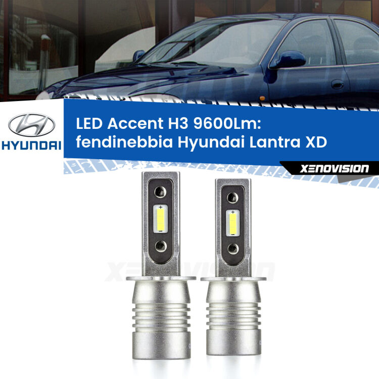 Fendinebbia LED H3 9600Lm per Hyundai Lantra XD 2000 - 2006 <strong>Kit LED Fendinebbia per Hyundai Lantra</strong> XD 2000 - 2006.</strong> Coppia lampade <strong>H3</strong> senza ventola e ultracompatte per installazioni in fari senza spazi.