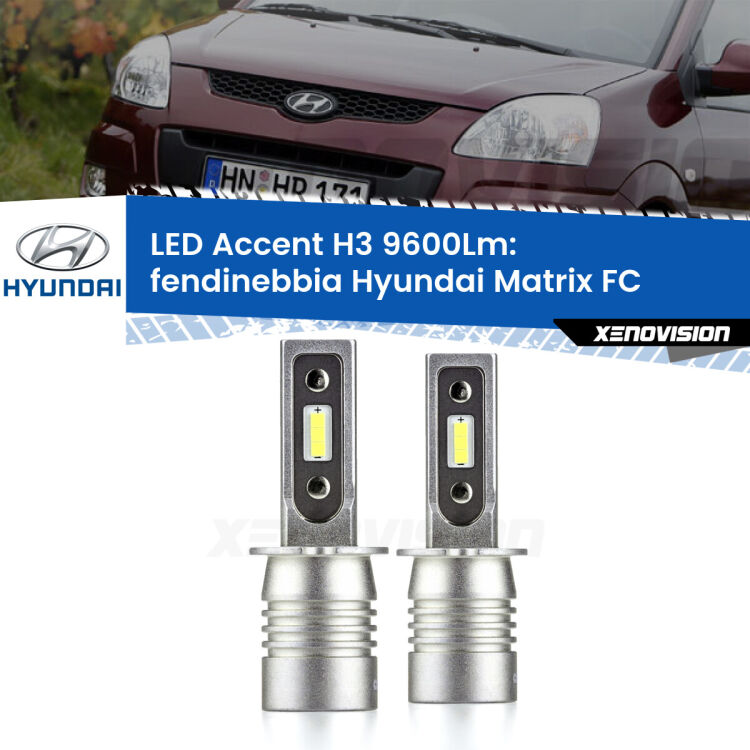 Fendinebbia LED H3 9600Lm per Hyundai Matrix FC 2001 - 2010 <strong>Kit LED Fendinebbia per Hyundai Matrix</strong> FC 2001 - 2010.</strong> Coppia lampade <strong>H3</strong> senza ventola e ultracompatte per installazioni in fari senza spazi.