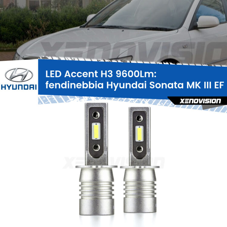 Fendinebbia LED H3 9600Lm per Hyundai Sonata MK III EF 1998 - 2002 <strong>Kit LED Fendinebbia per Hyundai Sonata MK III</strong> EF 1998 - 2002.</strong> Coppia lampade <strong>H3</strong> senza ventola e ultracompatte per installazioni in fari senza spazi.