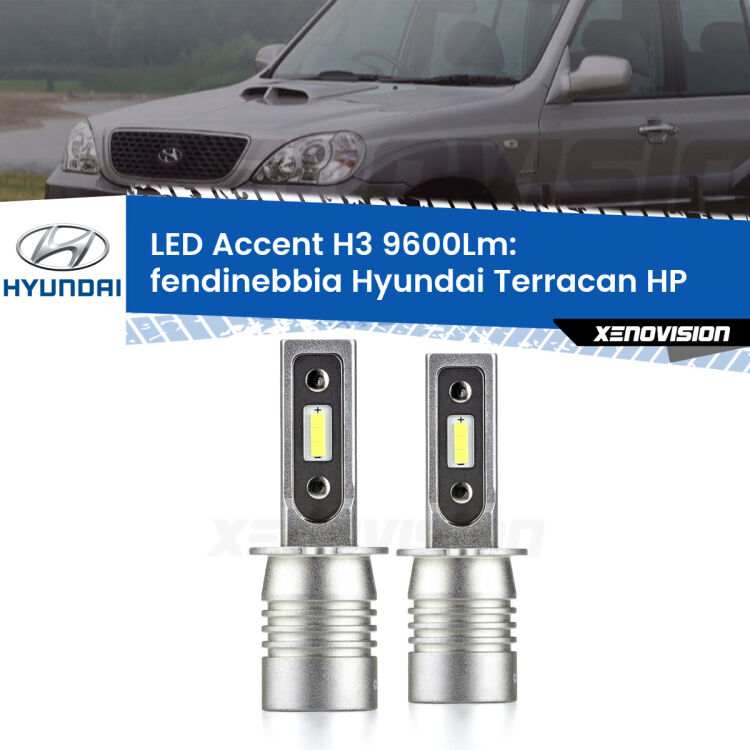 <strong>Kit LED Fendinebbia per Hyundai Terracan</strong> HP 2001 - 2006.</strong> Coppia lampade <strong>H3</strong> senza ventola e ultracompatte per installazioni in fari senza spazi.