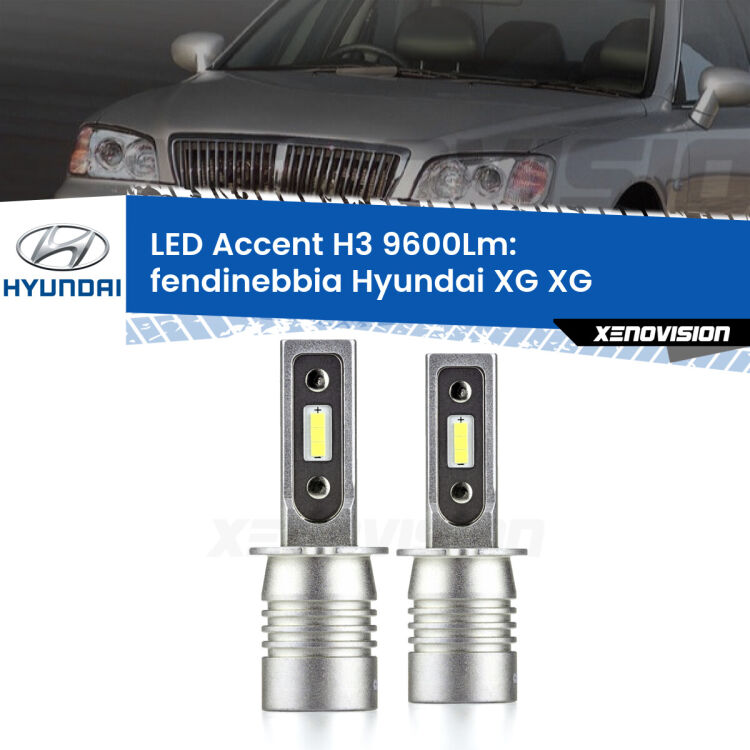0 Fendinebbia LED H3 9600Lm per Hyundai XG XG 1998 - 2002 <strong>Kit LED Fendinebbia per Hyundai XG</strong> XG 1998 - 2002.</strong> Coppia lampade <strong>H3</strong> senza ventola e ultracompatte per installazioni in fari senza spazi.