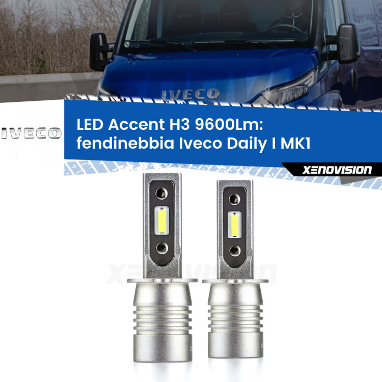 Fendinebbia LED H3 9600Lm per Iveco Daily I MK1 1978 - 1999 <strong>Kit LED Fendinebbia per Iveco Daily I</strong> MK1 1978 - 1999.</strong> Coppia lampade <strong>H3</strong> senza ventola e ultracompatte per installazioni in fari senza spazi.