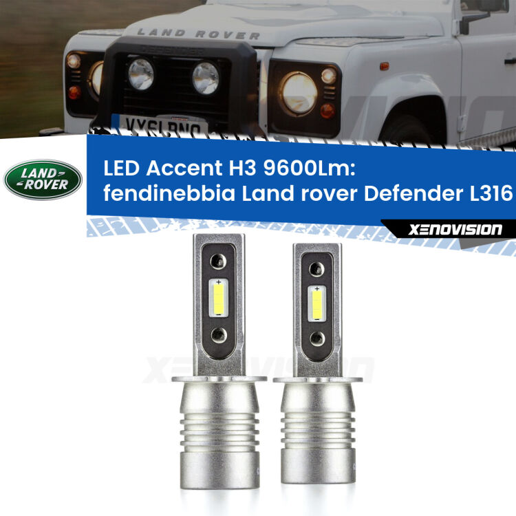 Fendinebbia LED H3 9600Lm per Land rover Defender L316 1998 - 2016 <strong>Kit LED Fendinebbia per Land rover Defender</strong> L316 1998 - 2016.</strong> Coppia lampade <strong>H3</strong> senza ventola e ultracompatte per installazioni in fari senza spazi.