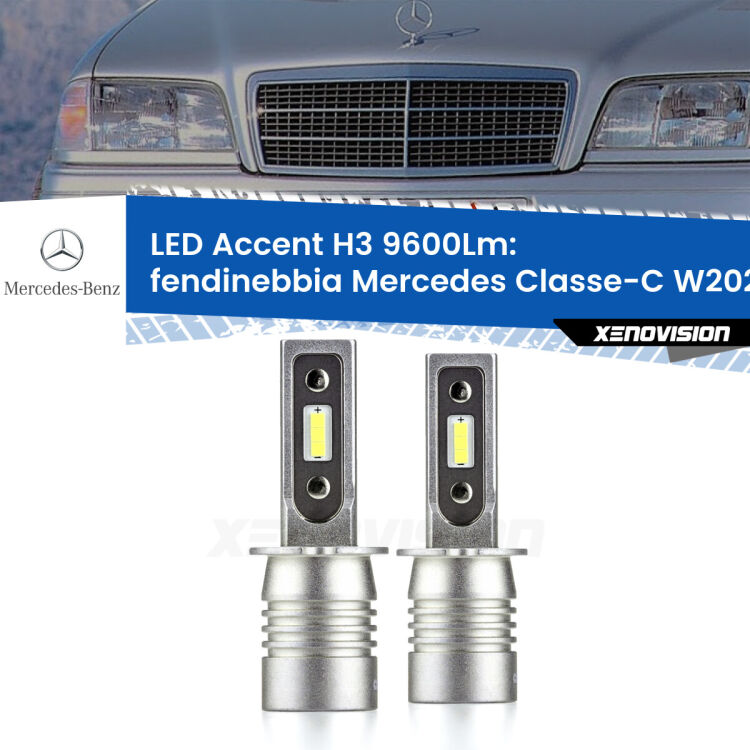 Fendinebbia LED H3 9600Lm per Mercedes Classe-C W202 1993 - 1996 <strong>Kit LED Fendinebbia per Mercedes Classe-C</strong> W202 1993 - 1996.</strong> Coppia lampade <strong>H3</strong> senza ventola e ultracompatte per installazioni in fari senza spazi.