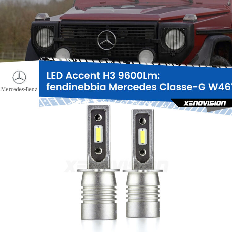 Fendinebbia LED H3 9600Lm per Mercedes Classe-G W461 1990 - 2000 <strong>Kit LED Fendinebbia per Mercedes Classe-G</strong> W461 1990 - 2000.</strong> Coppia lampade <strong>H3</strong> senza ventola e ultracompatte per installazioni in fari senza spazi.
