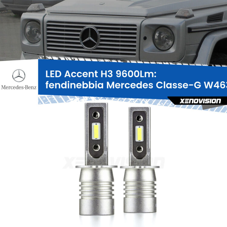 Fendinebbia LED H3 9600Lm per Mercedes Classe-G W463 1991 - 2004 <strong>Kit LED Fendinebbia per Mercedes Classe-G</strong> W463 1991 - 2004.</strong> Coppia lampade <strong>H3</strong> senza ventola e ultracompatte per installazioni in fari senza spazi.