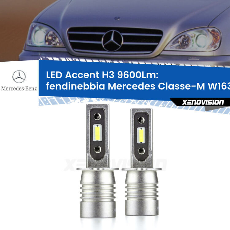 Fendinebbia LED H3 9600Lm per Mercedes Classe-M W163 1998 - 2000 <strong>Kit LED Fendinebbia per Mercedes Classe-M</strong> W163 1998 - 2000.</strong> Coppia lampade <strong>H3</strong> senza ventola e ultracompatte per installazioni in fari senza spazi.