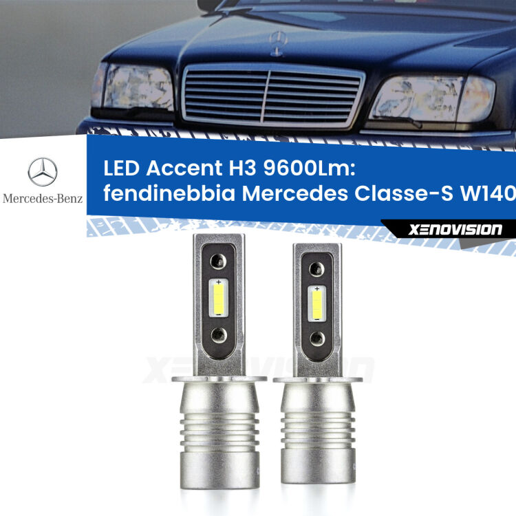 <strong>Kit LED Fendinebbia per Mercedes Classe-S</strong> W140 1991 - 1994.</strong> Coppia lampade <strong>H3</strong> senza ventola e ultracompatte per installazioni in fari senza spazi.