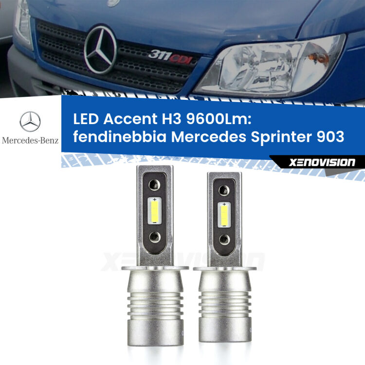 Fendinebbia LED H3 9600Lm per Mercedes Sprinter 903 2002 - 2006 <strong>Kit LED Fendinebbia per Mercedes Sprinter</strong> 903 2002 - 2006.</strong> Coppia lampade <strong>H3</strong> senza ventola e ultracompatte per installazioni in fari senza spazi.