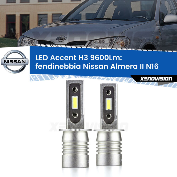<strong>Kit LED Fendinebbia per Nissan Almera II</strong> N16 2000 - 2002.</strong> Coppia lampade <strong>H3</strong> senza ventola e ultracompatte per installazioni in fari senza spazi.