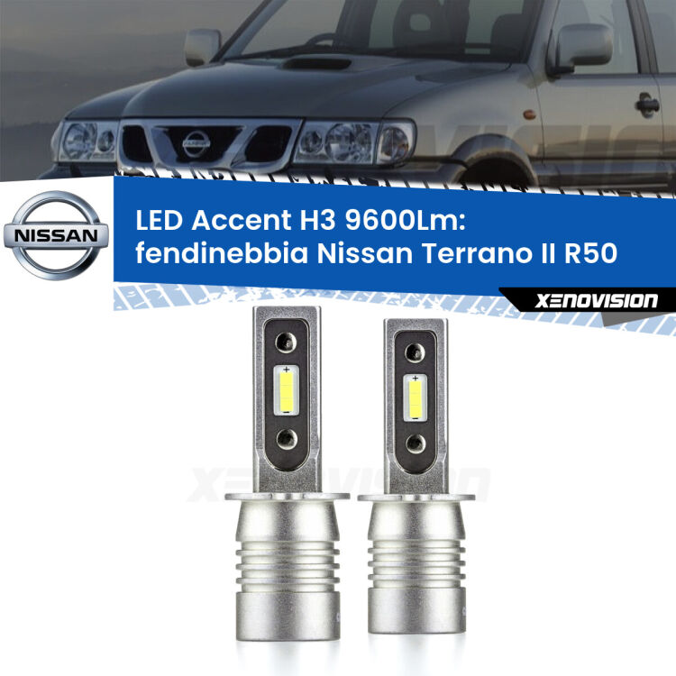 <strong>Kit LED Fendinebbia per Nissan Terrano II</strong> R50 1997 - 2004.</strong> Coppia lampade <strong>H3</strong> senza ventola e ultracompatte per installazioni in fari senza spazi.