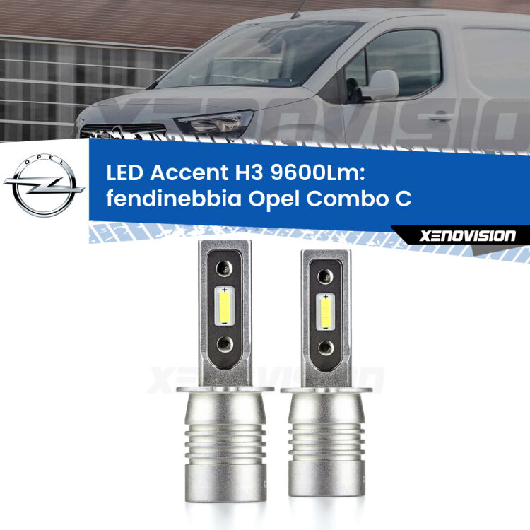 Fendinebbia LED H3 9600Lm per Opel Combo C  2001 - 2011 <strong>Kit LED Fendinebbia per Opel Combo C</strong>  2001 - 2011.</strong> Coppia lampade <strong>H3</strong> senza ventola e ultracompatte per installazioni in fari senza spazi.