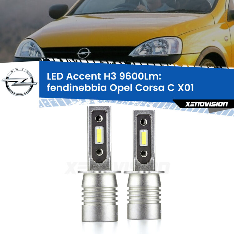 <strong>Kit LED Fendinebbia per Opel Corsa C</strong> X01 2000 - 2006.</strong> Coppia lampade <strong>H3</strong> senza ventola e ultracompatte per installazioni in fari senza spazi.