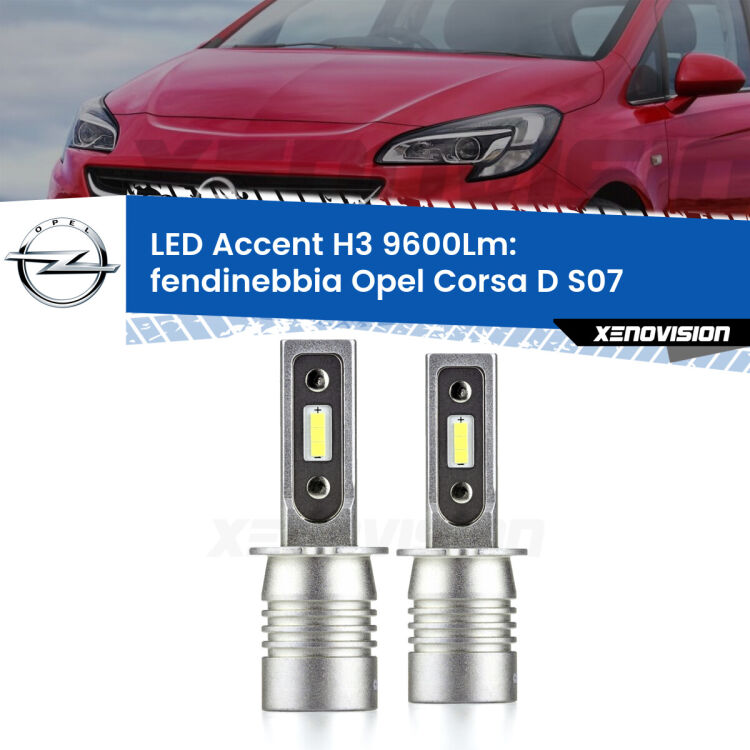 Fendinebbia LED H3 9600Lm per Opel Corsa D S07 Versione 1 <strong>Kit LED Fendinebbia per Opel Corsa D</strong> S07 Versione 1.</strong> Coppia lampade <strong>H3</strong> senza ventola e ultracompatte per installazioni in fari senza spazi.