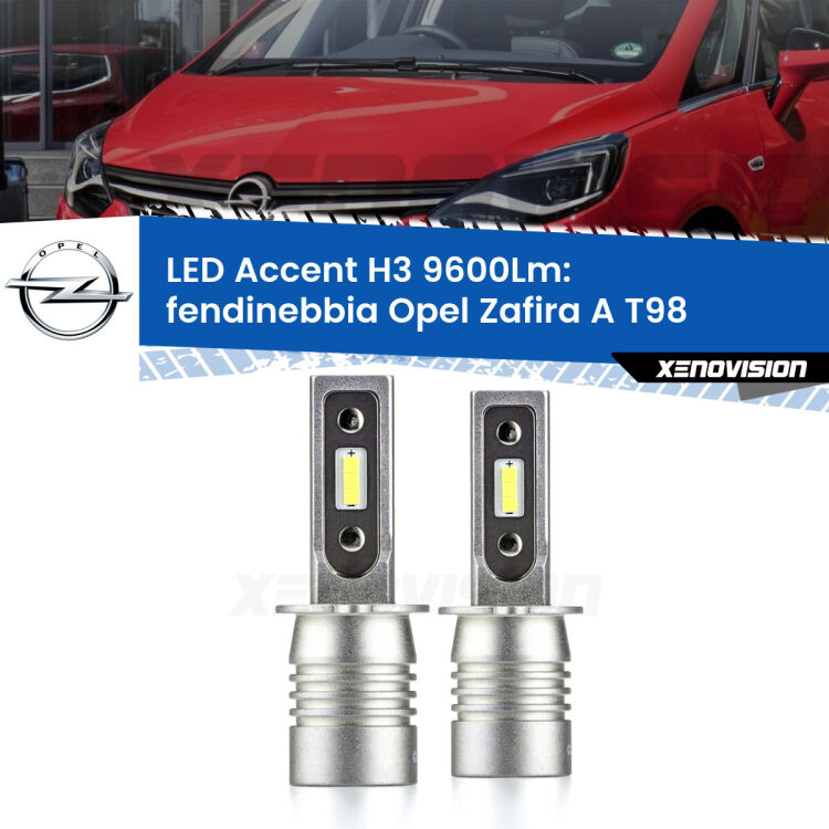 Fendinebbia LED H3 9600Lm per Opel Zafira A T98 1999 - 2005 <strong>Kit LED Fendinebbia per Opel Zafira A</strong> T98 1999 - 2005.</strong> Coppia lampade <strong>H3</strong> senza ventola e ultracompatte per installazioni in fari senza spazi.