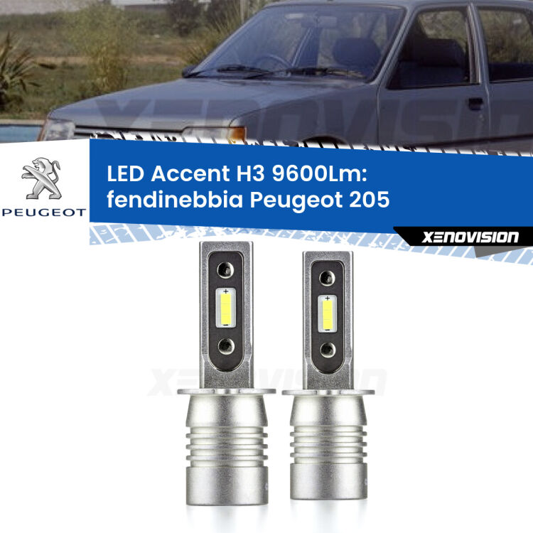 <strong>Kit LED Fendinebbia per Peugeot 205</strong>  1983 - 1999.</strong> Coppia lampade <strong>H3</strong> senza ventola e ultracompatte per installazioni in fari senza spazi.