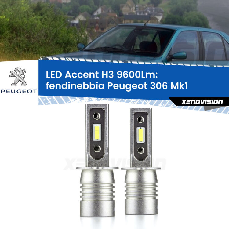 Fendinebbia LED H3 9600Lm per Peugeot 306 Mk1 1993 - 2001 <strong>Kit LED Fendinebbia per Peugeot 306</strong> Mk1 1993 - 2001.</strong> Coppia lampade <strong>H3</strong> senza ventola e ultracompatte per installazioni in fari senza spazi.