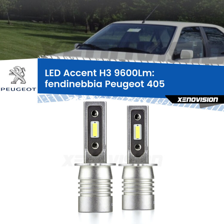 <strong>Kit LED Fendinebbia per Peugeot 405</strong>  1987 - 1997.</strong> Coppia lampade <strong>H3</strong> senza ventola e ultracompatte per installazioni in fari senza spazi.