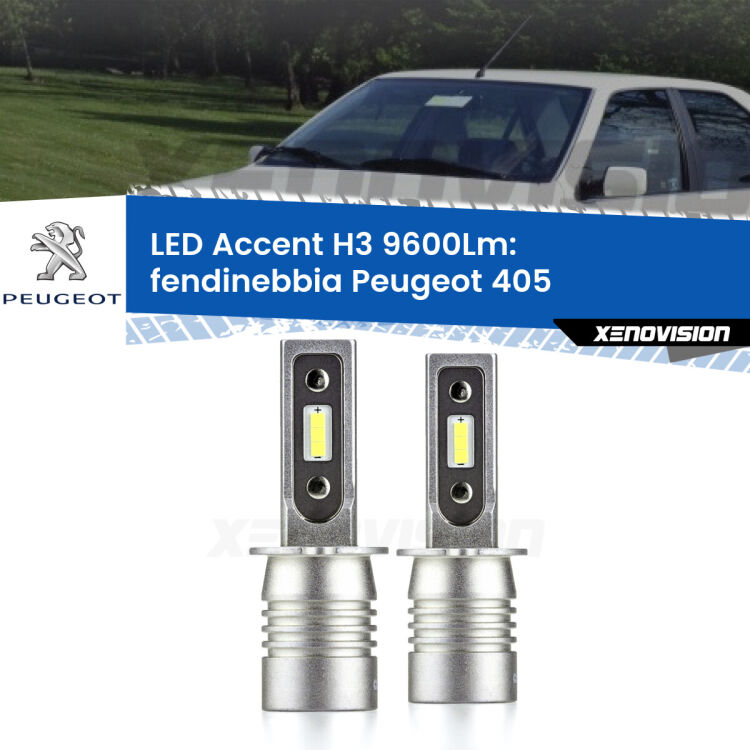 Fendinebbia LED H3 9600Lm per Peugeot 405 1987 - 1997 <strong>Kit LED Fendinebbia per Peugeot 405</strong> 1987 - 1997.</strong> Coppia lampade <strong>H3</strong> senza ventola e ultracompatte per installazioni in fari senza spazi.