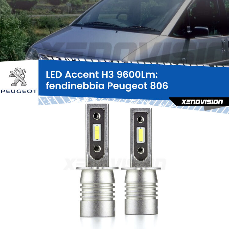 Fendinebbia LED H3 9600Lm per Peugeot 806 1994 - 2002 <strong>Kit LED Fendinebbia per Peugeot 806</strong> 1994 - 2002.</strong> Coppia lampade <strong>H3</strong> senza ventola e ultracompatte per installazioni in fari senza spazi.