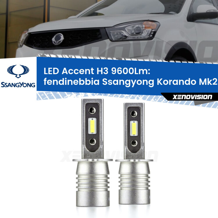 Fendinebbia LED H3 9600Lm per Ssangyong Korando Mk2 1996 - 2006 <strong>Kit LED Fendinebbia per Ssangyong Korando</strong> Mk2 1996 - 2006.</strong> Coppia lampade <strong>H3</strong> senza ventola e ultracompatte per installazioni in fari senza spazi.