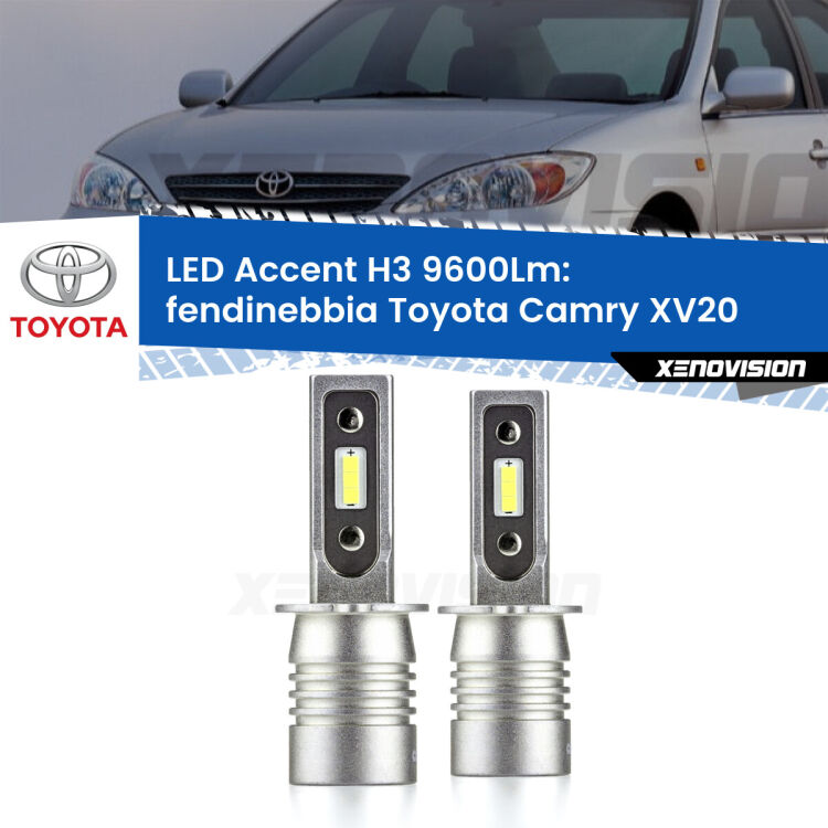 Fendinebbia LED H3 9600Lm per Toyota Camry XV20 1996 - 2001 <strong>Kit LED Fendinebbia per Toyota Camry</strong> XV20 1996 - 2001.</strong> Coppia lampade <strong>H3</strong> senza ventola e ultracompatte per installazioni in fari senza spazi.